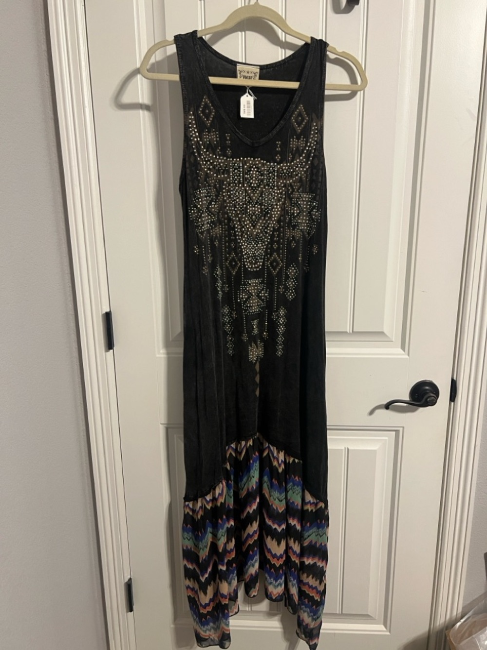 Vocal Sleeveless Black Mineral Washed Maxi Dress w/Studded Details. Women's Med